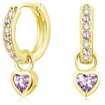 Lynizo Ohrringe Silber Hängend, Klein 925 Sterling Silber Mädchen Creolen | Süß Herz Kinder Creolen Ohrhänger mit Grün Rosa Aquamarin Lila Fuchsia Zirkon,12mm Damen Hypoallergen Schlafen Hängeohrringe