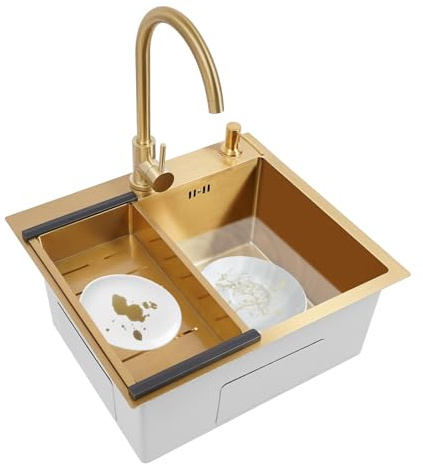 Fregadero de acero inoxidable dorado PVD, con grifo giratorio y dispensador de jabón, drenaje rápido en X, silencioso, anticondente, para cocinas y hogares, diseño moderno con lavabo grande, 50 x 45 x
