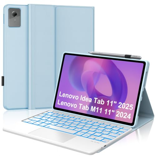 FOGARI Per Lenovo Idea Tab 2025 11/Tab M11 2024 11 Pollici Cover Tastiera | Custodia Tastiera Bluetooth Rimovibile con Retroilluminazione 7 colori e Touchpad, Keyboard Wireless Portatile, Azzurro