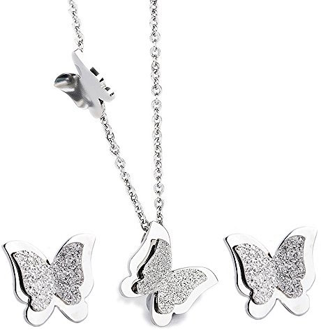 Kim Johanson Edelstahl Damen Schmuckset Schmetterling Halskette mit Anhänger & Ohrringe in Silber inkl. Schmuckbeutel