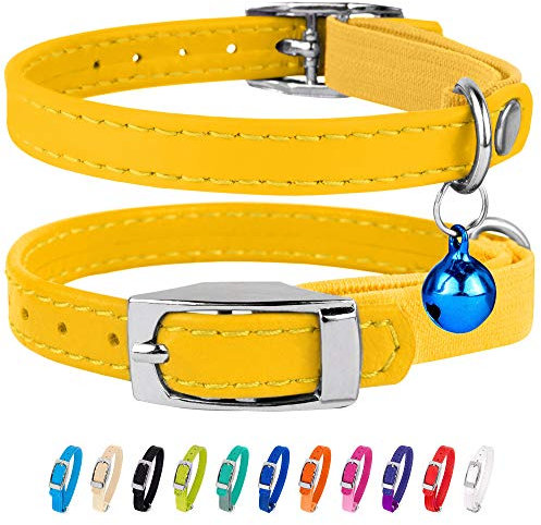 CollarDirect Collier pour Chat en Cuir de Sécurité avec Sangle Elastique, Cloche pour Chaton - Noir, Bleu, Rouge, Orange, Vert Lime, Jaune (15-18 cm)