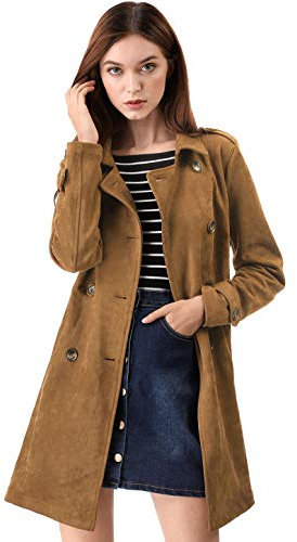 Allegra K Trench coat da donna in finta pelle scamosciata con revers doppio petto con cinturaMarrone XS