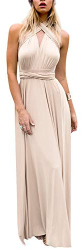 Damen Elegant Brautjungfernkleid Multiway V-Ausschnitt Rückenfrei Partykleid Ärmellos Schulterfrei Bodenlang Cocktailkleid Sommerkleid Formal Festlich Abendkleid Abschlussball Ballkleid Aprikose L