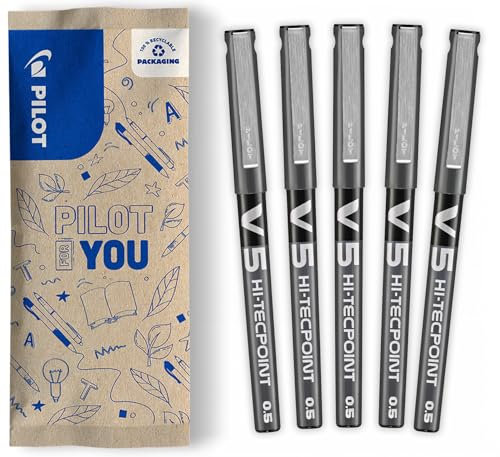 Pilot Hi-Tecpoint V5 Tintenroller – feine Stifte mit flüssiger Tinte und 0,5-mm-Spitze für präzises Schreiben, schnell trocknende, auslaufsichere Tintenroller – 5er Set Schwarz – dokumentenecht
