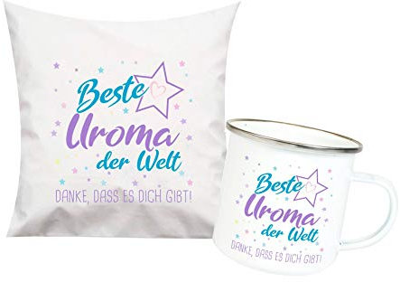 ShirtInStyle, Geschenkset, beste Uroma der Welt, danke das es dich gibt! Kissen- und Emaille Tasse als Set Farbe weiß