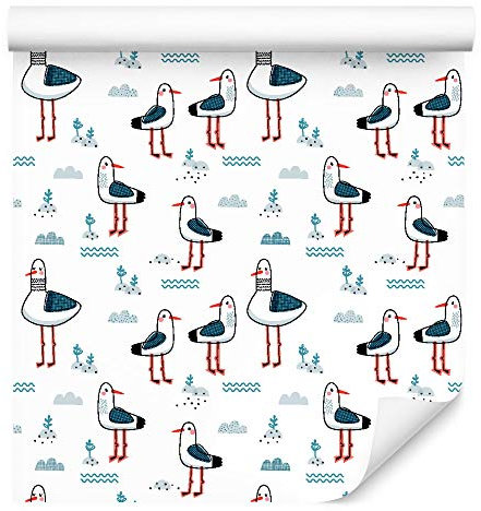 Muralo Tapete 10m Rolle Vlies Tapete Meer Wasser Tiere Vögel Möwen Sand Vliestapete 1000 x 53cm Wand Tapete Wohnzimmer Kinderzimmer Moderne Wanddeko Wand Dekoration