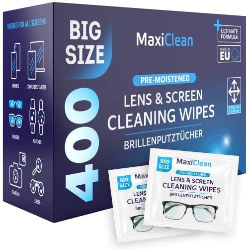 Glasses Wipes Lens Cleaner - Lens Wipes for Eyeglasses - 400 Pre-moistened Individually Wrapped Wipes for Eye Glasses, Electronics, Phone, Computer, Laptop Screen - Camera Lens Cleaner - Made in EU