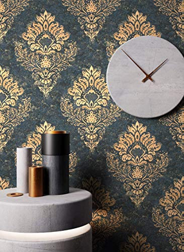 NEWROOM Tapete Blau Vliestapete Ornament - Barocktapete Barock Schwarz Gold Prunk Glamour inkl. Tapezier-Ratgeber