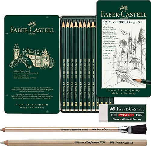 Faber-Castell 119064 - Bleistift CASTELL 9000, 12er Design Set, Inhalt: 5B - 5H + 2 verschiedene Radierstifte und PVC-Free Radierer