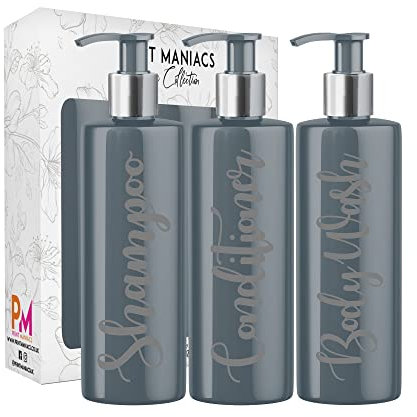 Print Maniacs 3 Set Mrs Hinch Inspired Grey Personalised 500ml Dispenser Pump Bottles Shampoo Conditioner Body Wash (Grey)