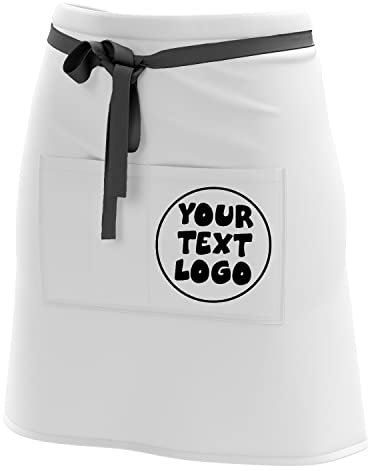 Ferocity Kurze Personalisierte Schürze Kellnerschürze Vorbinder Bäckerschürze mit deinem Namen Firmenlogo personalisiert mit Taschen für Bistro Restaurant, Weiß mit Logo [074]