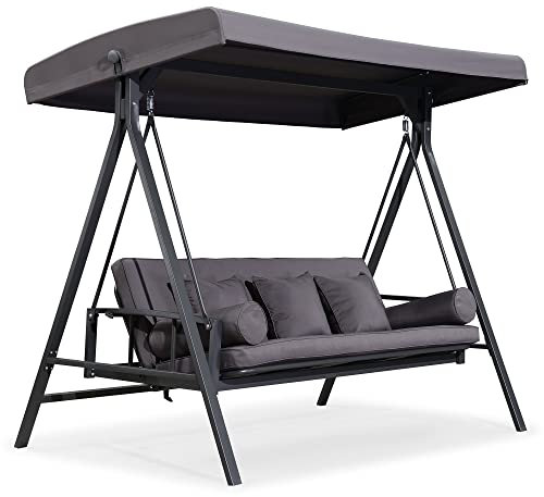PURPLE LEAF 3-Sitzer Hollywoodschaukel mit Liegefunktion Gartenschaukel Liegefunktion Hollywoodschaukel mit Bettfunktion, Wasserdicht und Sonnenbeständig, Grau