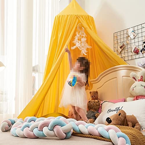 Koomuao Betthimmel Babybett Kinder Babys Baldachin Betthimmel Baumwolle Hängende Rund Moskitonetz für Kinderzimmer und Spielzimmer Dekoration, Höhe 250cm (Gelb)