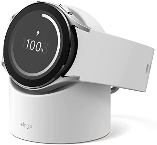 elago Charger Stand Compatible with Samsung Galaxy Watch Series 4, 4 Classic, 3, Active 2, 1 [40 41 44 45 46mm] Nightstand Mode, Cable Management [Cable Not Included] (White)