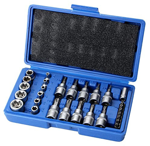 29Pcs E Torx Star Socket & Torx Bit Socket Set with Hex Bits, 1/4” 3/8” 1/2” Drive for Auto Repair, Home Maintenance