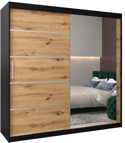 MEBLE KRYSPOL Kleiderschrank mit Spiegel Verona 2 - Garderobenschrank - Schrank Schlafzimmer - Mehrzweckschrank Zwei Schiebetüren - Regalen - Flur Möbel - Kleiderstange Schrank - Allzweckschrank