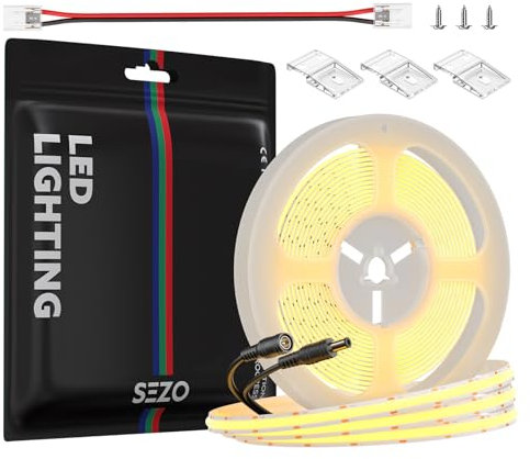 SEZO FCOB COB LED Streifen 3000K Warmweiss Flexibel Dimmbar COB LED Strip Lights 5M 528LEDs/M DC12V CRI90+ FOB Licht band Unterbodenleuchte für Wohnzimmer Schlafzimmer DIY Innenbeleuchtung Projekte
