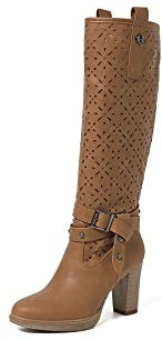 QUEEN HELENA Stivali Traforati con Tacco Plateau Zip Laterale Comodi Casual Alti Donna X28-108 (Marrone, numeric_40)