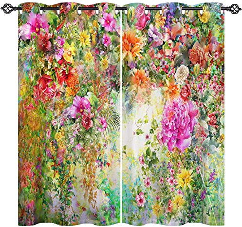ANHOPE Bunte Aquarell Pflanze Floral Blickdichte Gardinen mit Ösen Thermo Vorhänge Blackout Curtain Kinder Mädchen Verdunklungsvorhänge Wohnzimmer Schlafzimmer Vorhang 2er Set H 138 x B 117 cm