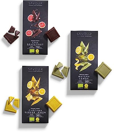 SAVOUR Tablettes de Chocolat Bio | 3 saveurs originales à découvrir ou à offrir | Vegan, Sans Gluten, Sans Lactose, Emballage Durable