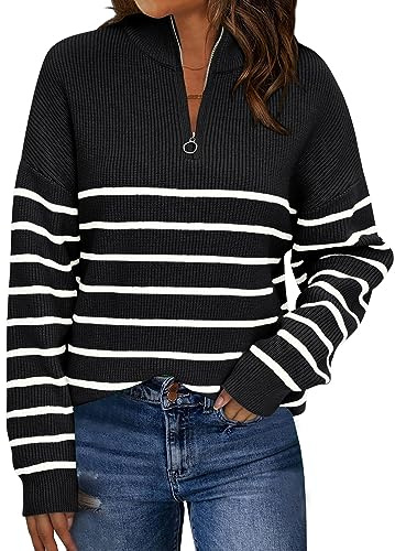 LILLUSORY Jersey para Mujer, diseño de Rayas, Cuello Alto, Estilo otoñal