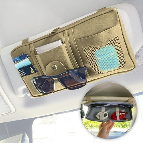 MyGadget Organisateur pour Pare-Soleil pour Voiture en Similicuir - Accessoire de Rangement avec Poche intérieure - Porte-Documents & Porte-Lunettes - Beige
