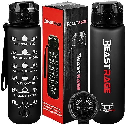 BEAST RAGE Water Bottle 1Liter, Leak Proof Sports Water Bottle, Drinks Bottle with Time Marking,BPA Free Tritan Plastic Bottle for Adults,Sports, Gym,Fitness, Outdoor, Cycling, School & Office