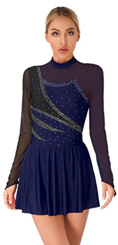Jugaoge Damen Eiskunstlauf Kleider Langarm Kürkleid Glitzer Tanzkleider Mesh Spleiß Gymnastikanzug Turnanzug mit Tutu Röckchen