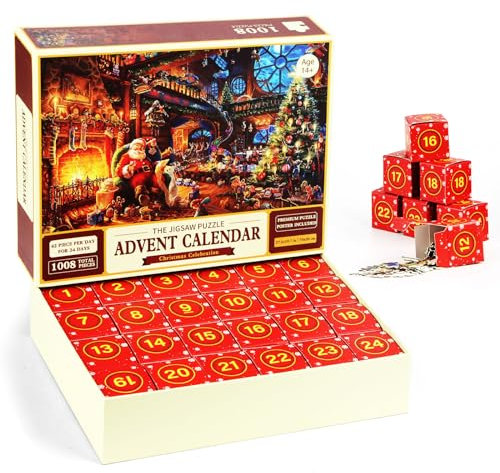 Adventskalender 2024 Weihnachtspuzzle, Weihnachtsmann bereitet Geschenke vor, 24 Schachteln mit 1008 Teilen für den Countdown zu Weihnachten, Erwachsene und Kinder, Heimdekoration