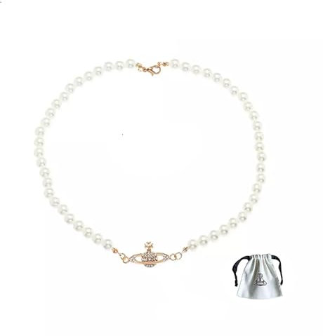 Pearl Planet Rhinestone Choker Necklace - Adjustable Length With Extension, Beads and Pearls for Women, Girls, Teens - Birthday Present Gift for Girlfriend (Gold)