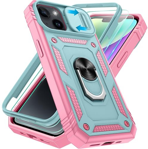 Pilaru 3 in 1 for iPhone 13/14 Case |With Front Frame| [2 Separate Screen Protectors] & Kickstand Ring & Camera Cover Military Grade Drop Shockproof Protection for iPhone 13/14,Green/Pink