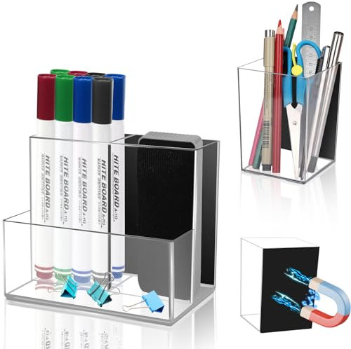 Comkrivy 2 Stück Magnetische Stifthalter, Acryl Magnetische Dry Erase Marker Halter Mit Full Magnet Back und 4 Fächer, Magnetische Stiftebecher Spind Organizer Für Kühlschrank Whiteboard Büro Schule