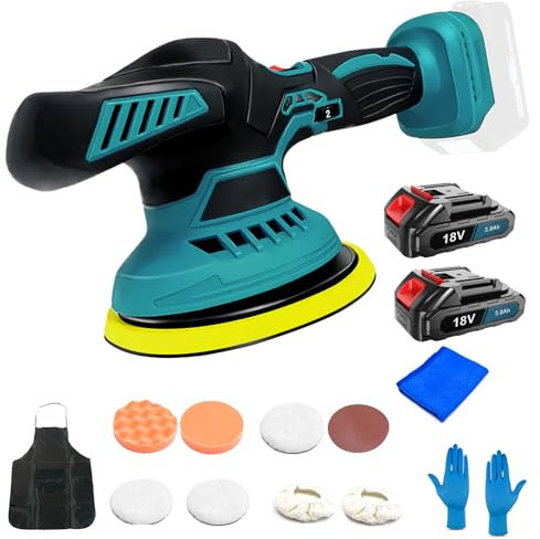Akku Poliermaschine für Auto, Ersatz für Makita 18v Akku, 6 Variable Geschwindigkeit, Polierkörper 145mm, Polierset mit 2 x 3000mAh Akkus, 11PC Polieraufsatz, zum Polieren von Auto/Möbeln