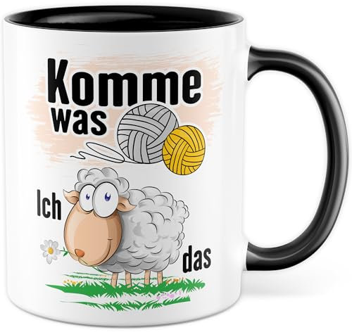 Häkeln Tasse mit Spruch - Geschenk Komme was Wolle - ich Schaf das - Kaffeetasse 330ml aus Keramik - Stricken Strickzubehör Kollegin Freundin Geschenkidee lustig Teetasse Kaffee-Becher