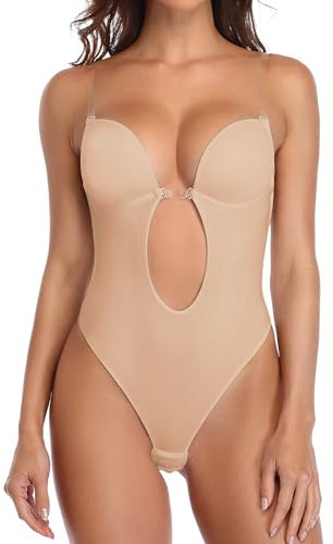 SHAPERIN Damen Rückenfreier Bodysuit Tiefer V-Ausschnitt Body Shaper Bauchweg Formender Body String Shapewear mit Push Up BH, Nude, L
