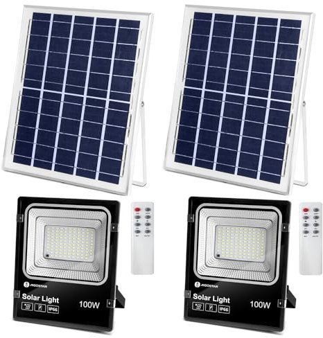Aigostar-Foco proyector LED solar con mando a distancia,100W,6500K luz blanca.Resistente al agua IP66.Perfectos para interior y exterior jardín,patios,caminos o garajes,Longitud de cable 2M,2 Piezas