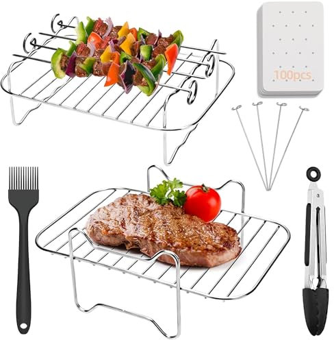 Air Fryer Rack 9PCS Set Compatible with Ninja Dual AF300Uk, other 7-7.6L Rectangular Airfryer, Accessories include 2 Grills, 4 Skewers, 1 Brush, 1 Tong and 100pcs Papers
