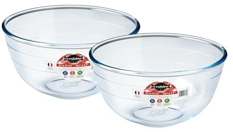 Ôcuisine® Bowl Glass Round Mixing & Prep Bowls | Extreme Resistance | Oven Safe - Freezer Safe - Microwave Safe | Borosilicate Glass | Made in France (Mixing Bowl 2LT (Pack of 2))