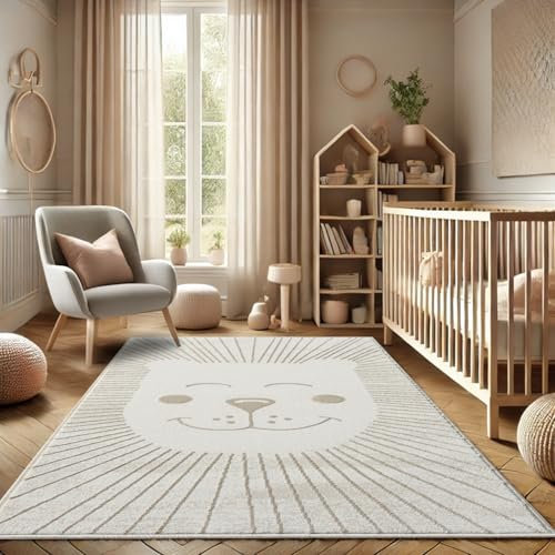Teppich Kinderzimmer 120x160cm - Pastell Beige Creme - Kurzflor Spielteppich mit niedlichem Löwen Motiv