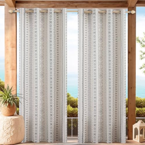 Outdoor Vorhang Wetterfest mit Ösen Vorhang Transparente Outdoor Vorhang Gardinen B132xH244cm Leinen Boho Ösenvorhang 2er Set für Balkon Terrasse Pergola Gartenlaube Veranda 2 Stück,Gestreift