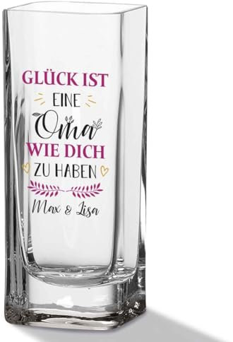 GRAVURZEILE Blumenvase mit UV Druck - Glück ist eine Oma - Personalisiert mit Namen - Moderne Vase aus Glas - Personalisierte Geschenke für Frauen - Deko Geschenkidee zum Geburtstag - 20x8cm