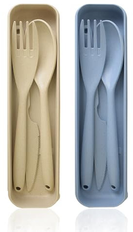 FVFVAHO Large Reusable Camping Cutlery Set for 2 Sets, Big Travel Cutlery Set With Case, Plastic Cutlery set for Adults Lunch Accessories, Portable Camping Travel Utensil for Daily Use(Blue+Beige)