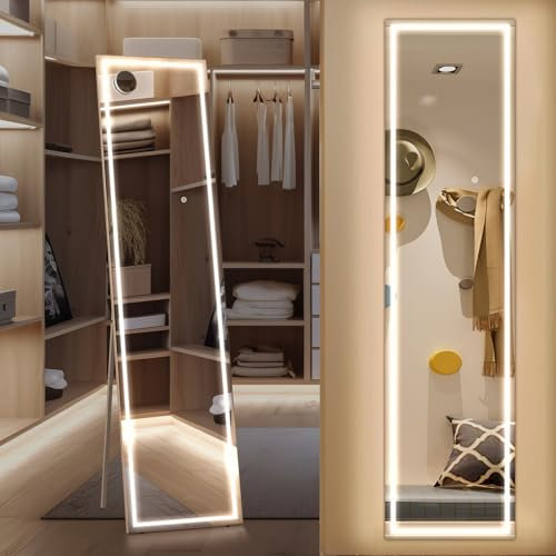 Ganzkörperspiegel mit Beleuchtung LED Standspiegel 3 Lichtfarbe 3 Helligkeit Wandspiegel dimmbar mit Touch-Schalter 10x Lupe Bodenspiegel Wohnzimmer Schlafzimmer Kleiderschrank 160 x 40 cm Rechteck