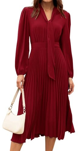 2024 Long Sleeve V-Neck Tea Dress for Women Swing A-Line Dress Back Smocked Red Wine 44