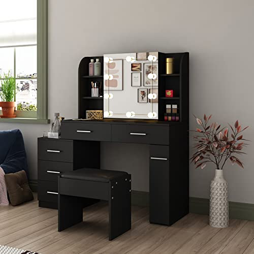 Black Dressing Table Mirror & Stool Set, Modern Makeup Table 5 Drawers Storage Unit Cosmetic, Dressing Tables with Light Bulbs Set for Bedroom, Furniture