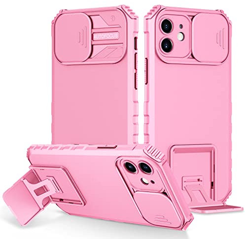 Compatible avec Coque iPhone 12 avec Cache Caméra Coulissante & Support, Coque pour iPhone 12 Etui Bumper Case Antichoc Housse Complète Protection (Rose)