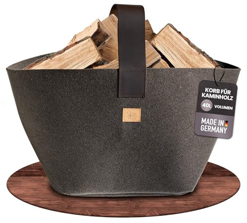 Designer Kaminholzkorb Filz [40L] - Made in Germany Holzkorb für Kaminholz aus upcycling rPET Filz mit Echtlederhenkel - Feuerholzkorb standfest und stabil (Trüffel - 40L)