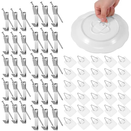 MorningRo 30 Packs Picture Hanging Kits Invisible Decorative Wall Plate Hangers with Nails 30lb 50lb Picture Hanging Hooks with 30 Packs Plastic Plate Hangers for Antique Plates and Wall Art