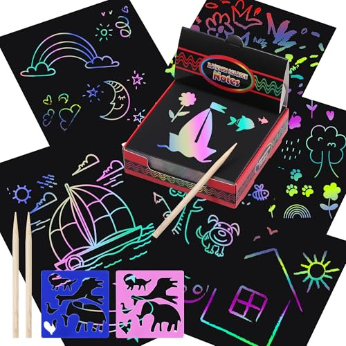 JIANTA 240 Stück Kratzbilder für Kinder, 6 Holzstäbchen + 6 Schablonen, Kratzpapier Weihnachten, Doodle Papier Kinder, Kratzpapier Set zum Zeichnen und Basteln, 8,5 x 8,5 cm