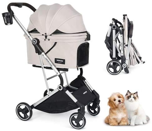 Beberoad T4 Pet Stroller for Small Medium Dogs & 2 Cats Foldable Beige | Aluminum Alloy Frame, All-Terrain Wheels, One Hand Fold Stroller, Lightweight Roomy Cabin